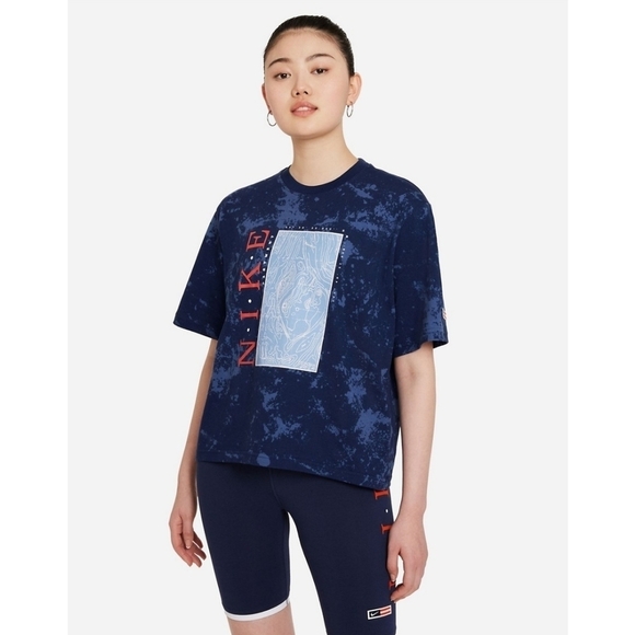 Nike T Shirt Womens Medium Blue Navy Crop Tee RWD Acid Wash Boxy Crew Neck Short - Picture 1 of 11
